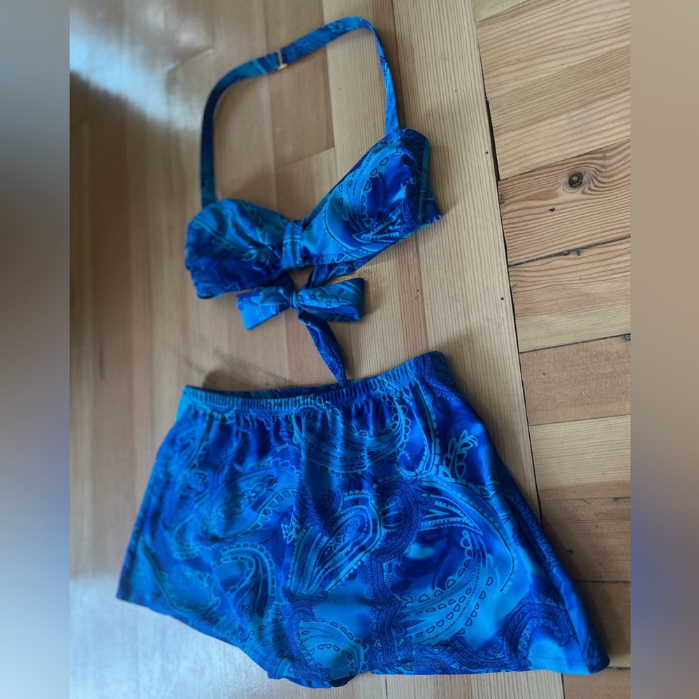 Vintage 90’s Blue Paisley “Christina” Two-Piece Swimsuit, Small - Picture 2 of 11